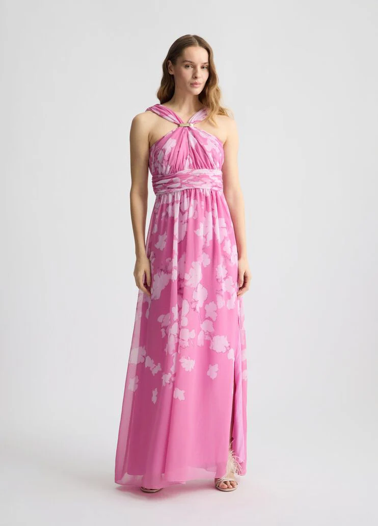 Long pink dress with floral design