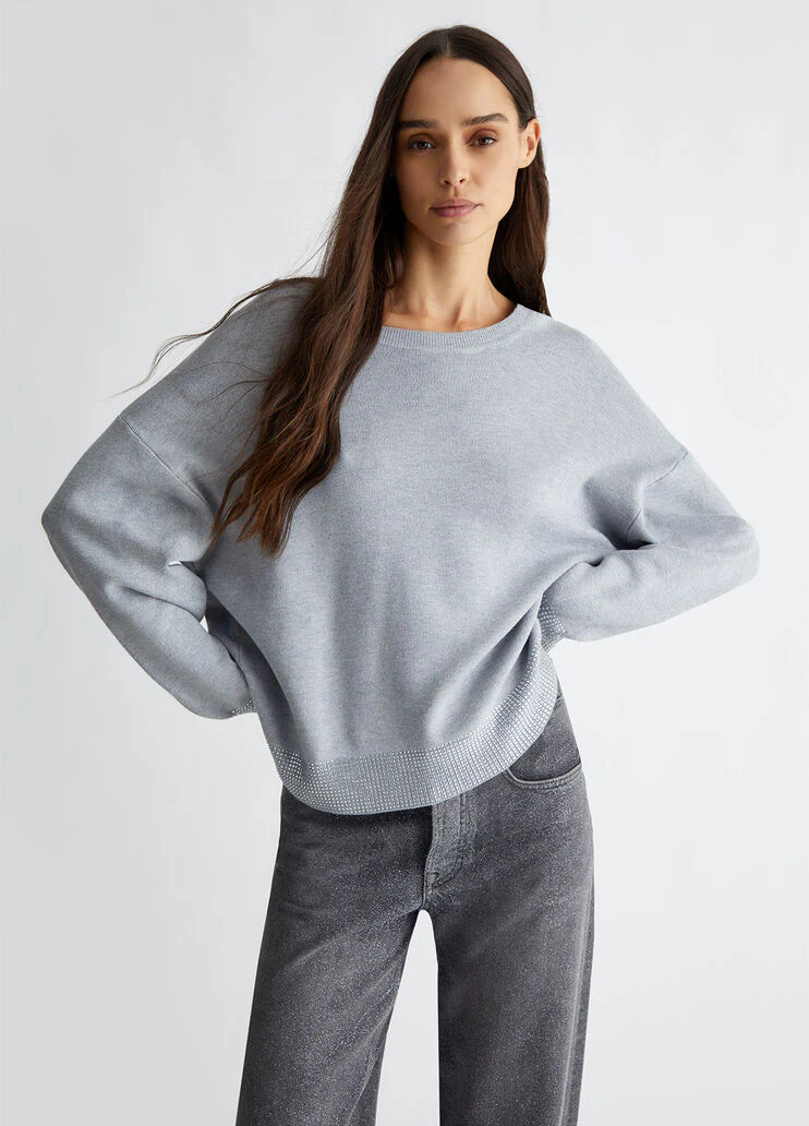 Crew-neck sweater with rhinestones