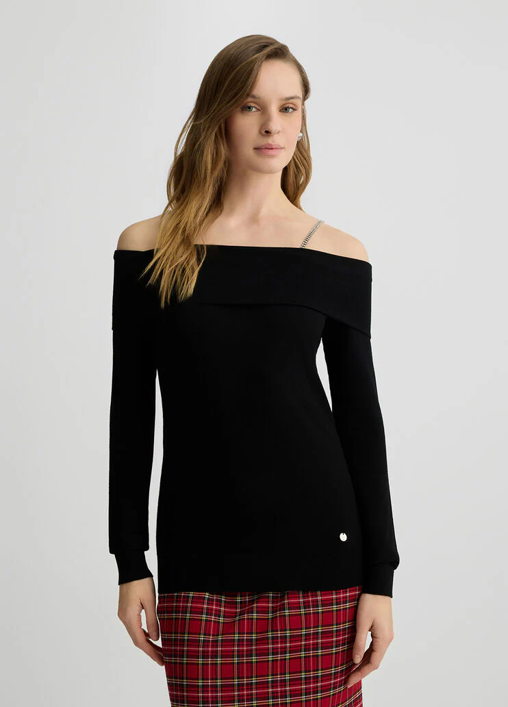 Off-the-shoulder jumper with bejewelled gemstones