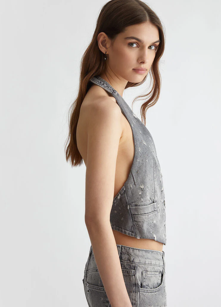 Denim waistcoat with rhinestones