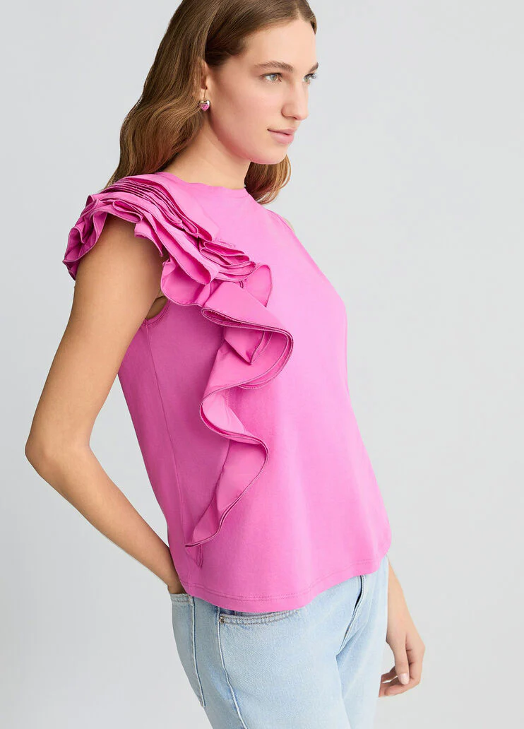 Peony pink T-shirt with flounced detailing