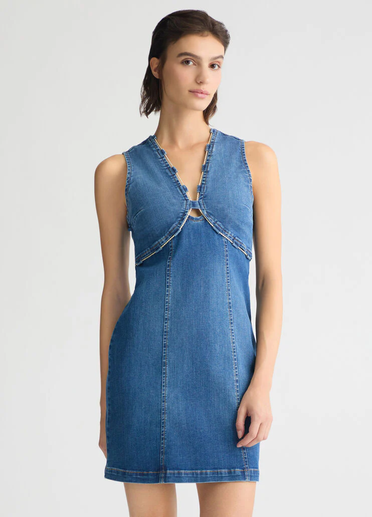 Denim dress with bejewelled chain