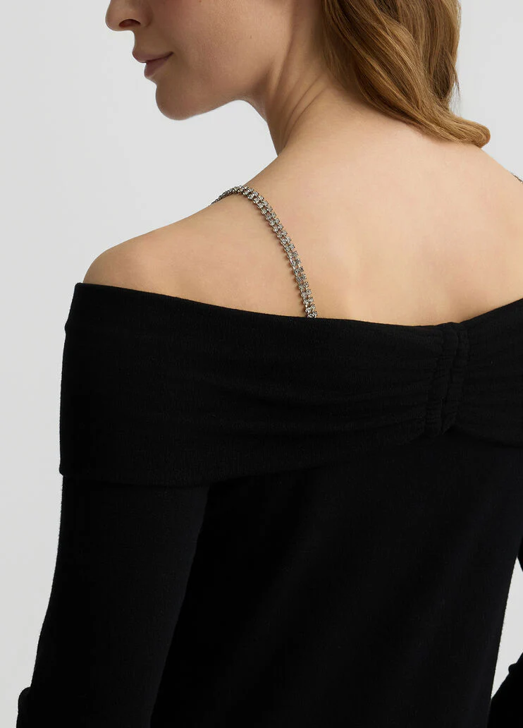 Off-the-shoulder jumper with bejewelled gemstones