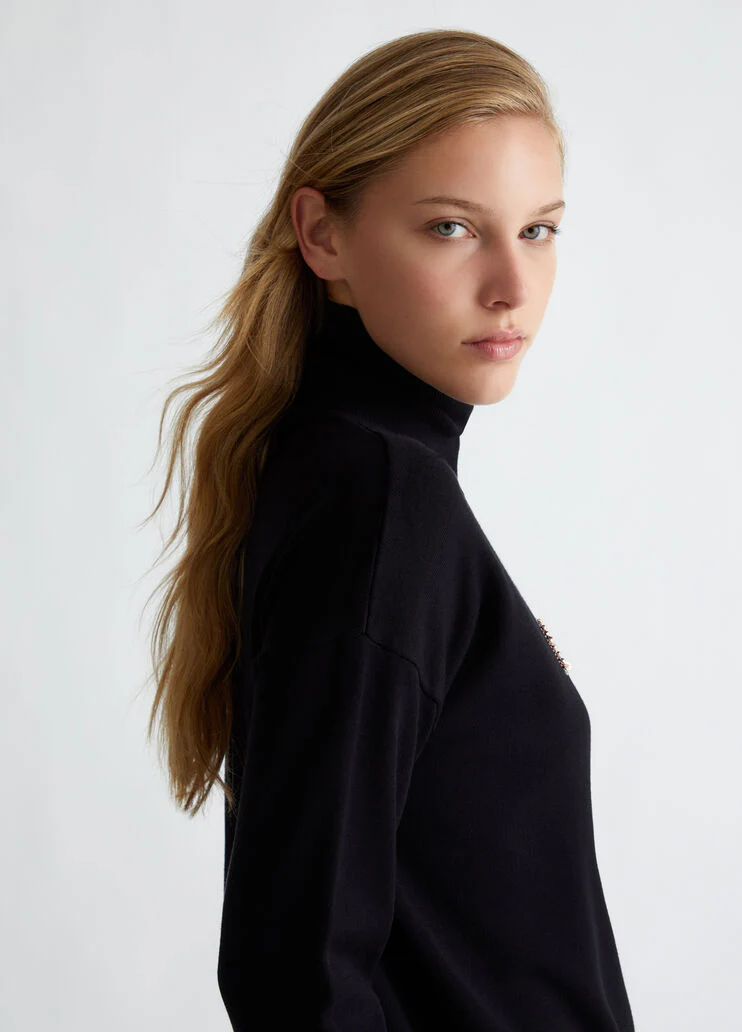 Turtleneck with logo and rhinestones