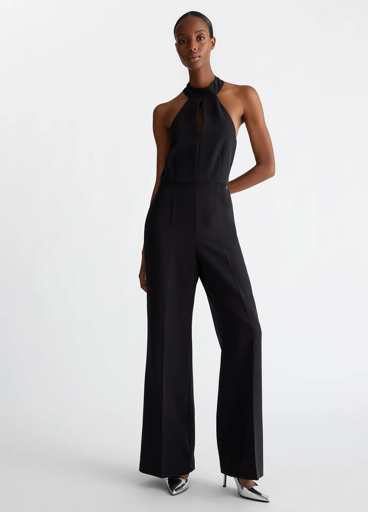 Stretch jumpsuit with pussy-bow