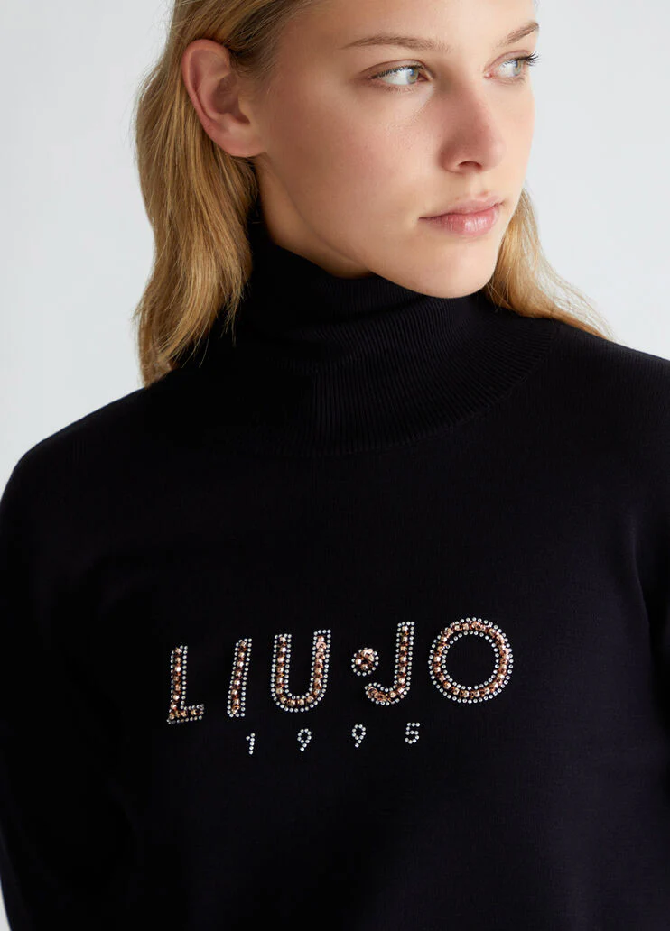 Turtleneck with logo and rhinestones