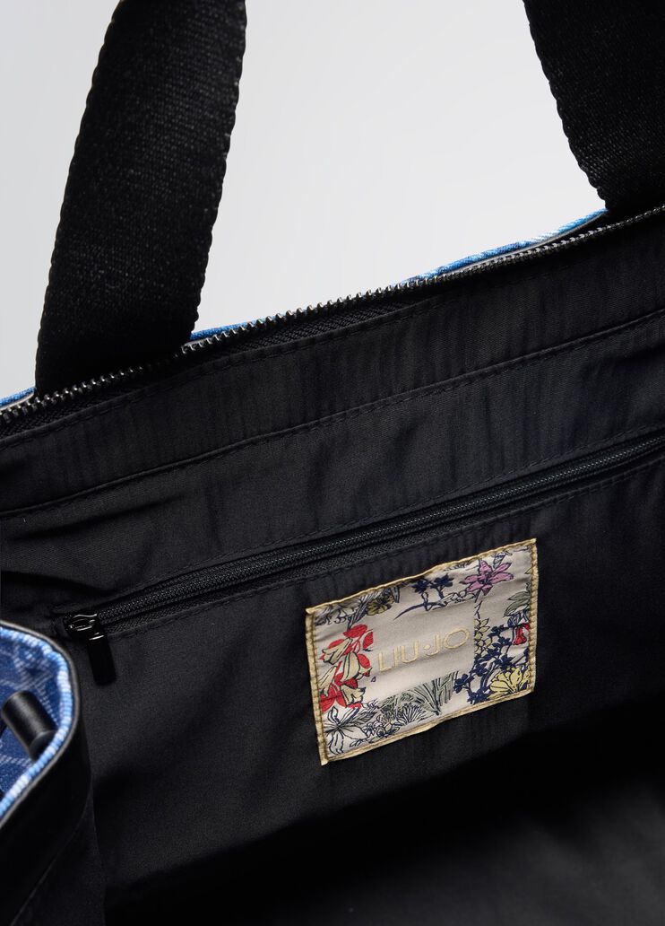 Printed blue denim tote bag