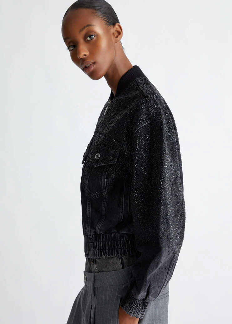 Denim bomber jacket with rhinestones