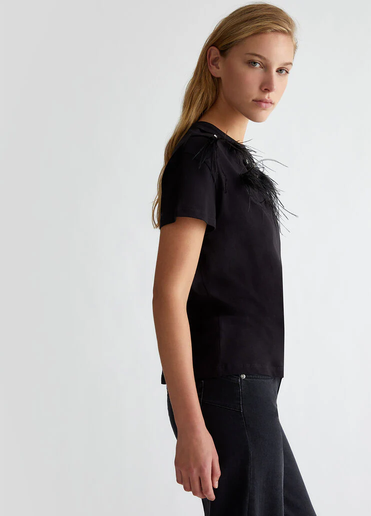 T-shirt with bejewelled feather detailing