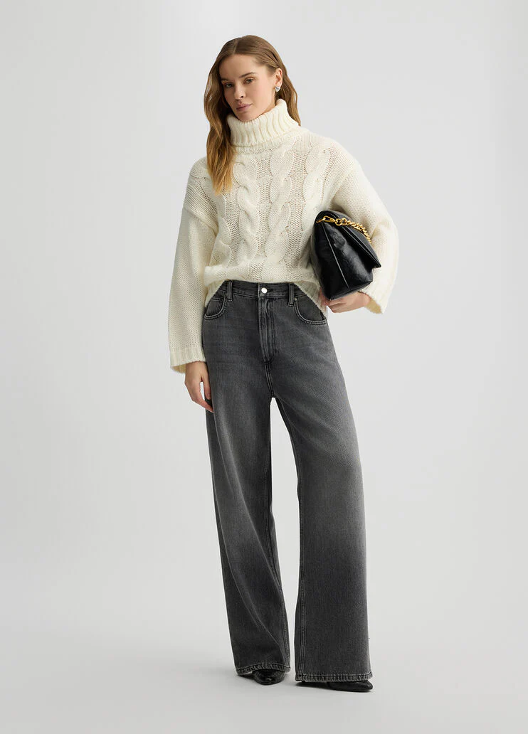Polo-neck cable-knit pullover
