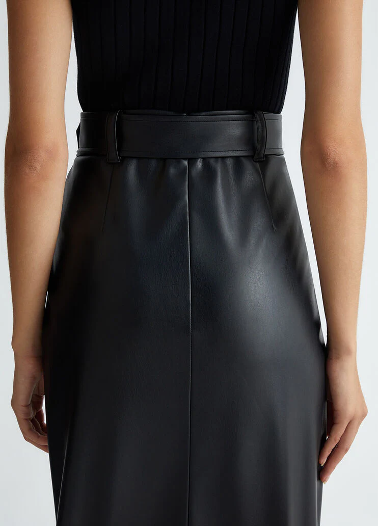 Black coated fabric midi skirt