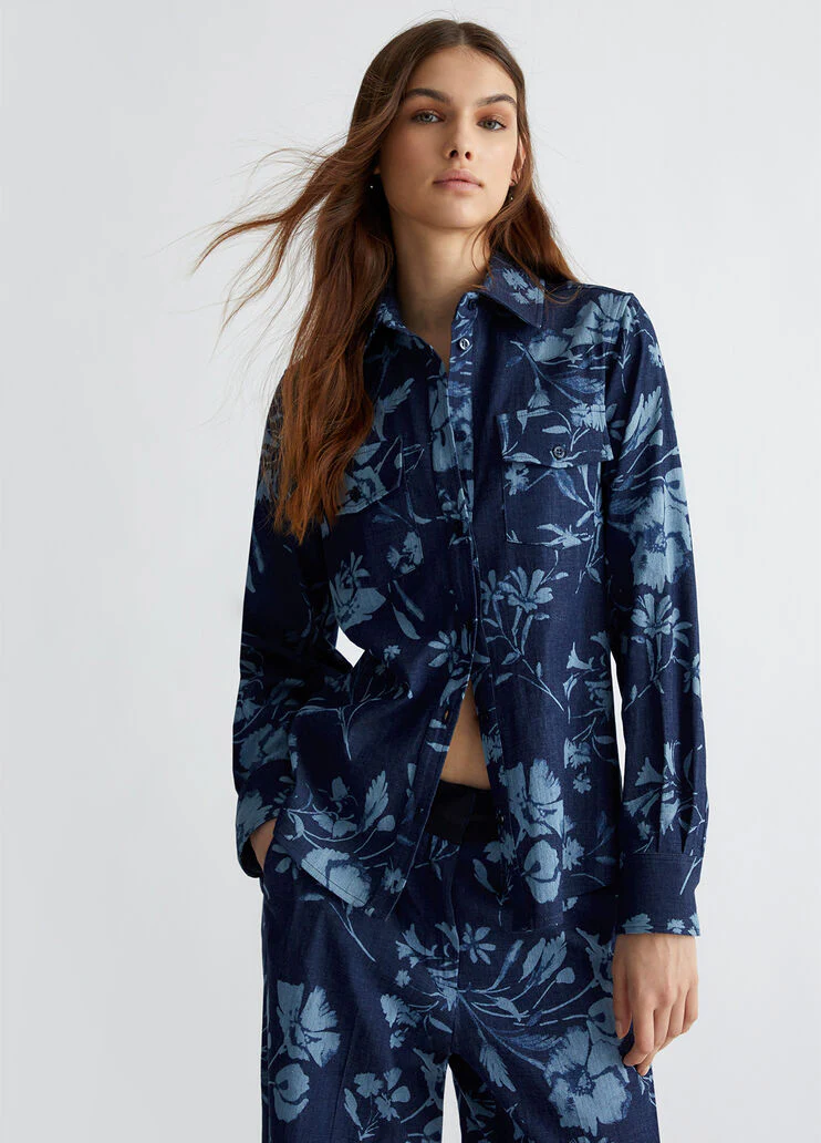 Denim shirt with floral print