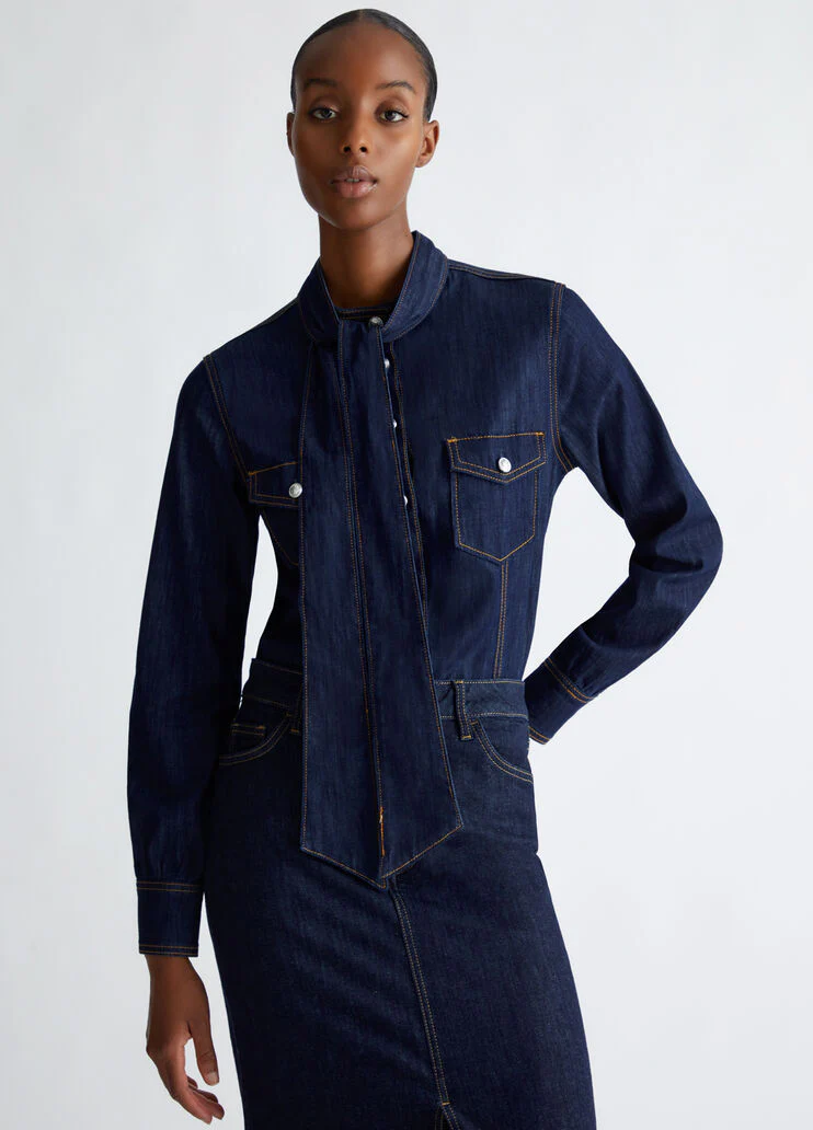 Denim pussy-bow shirt