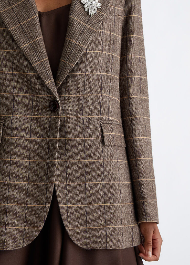 Chequered blazer with bejewelled brooch detail