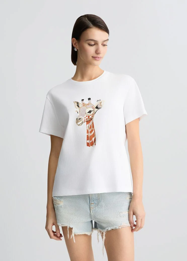 Cotton T-shirt with sequins and rhinestones