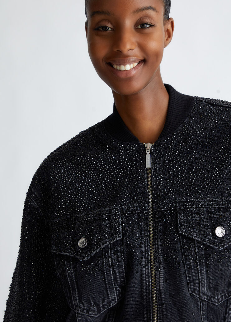 Denim bomber jacket with rhinestones