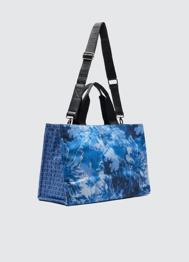 Printed blue denim tote bag