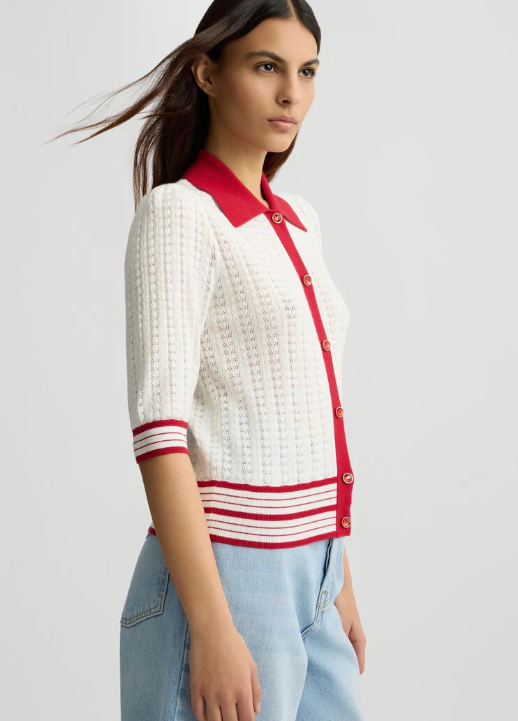 White and red knit cardigan