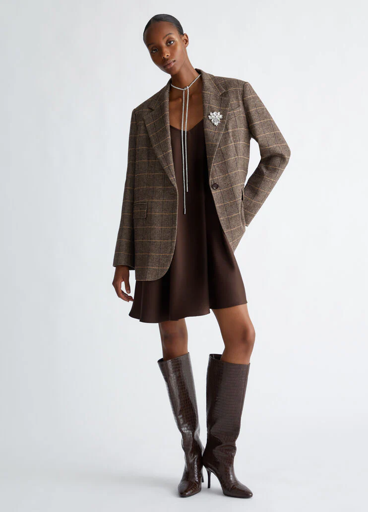 Chequered blazer with bejewelled brooch detail