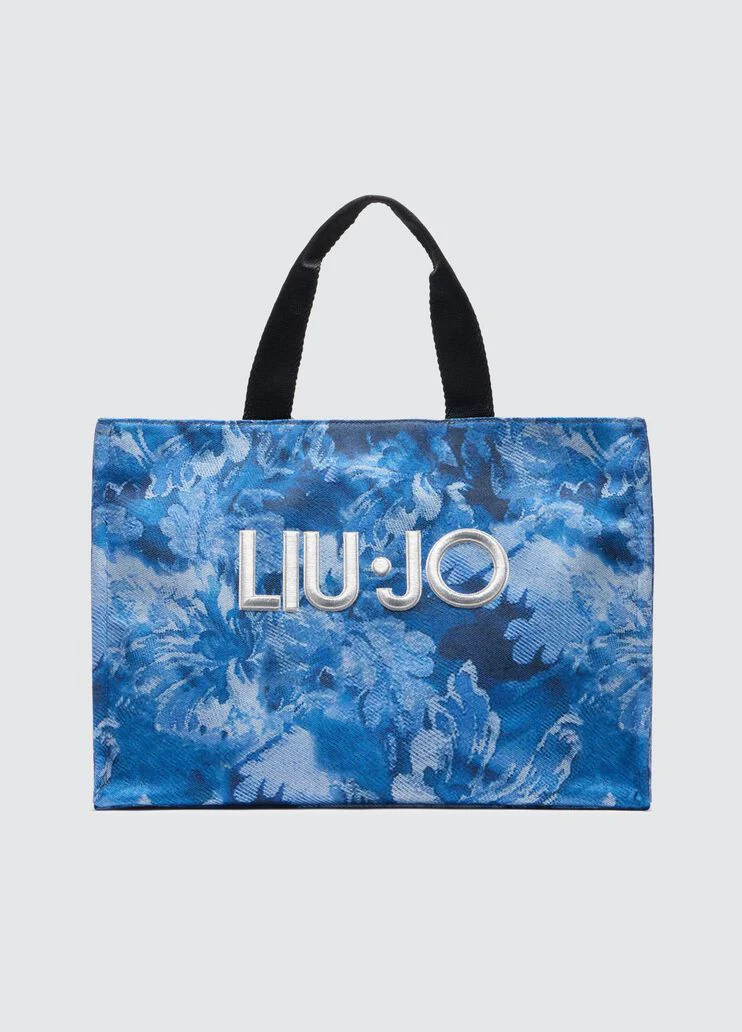 Printed blue denim tote bag