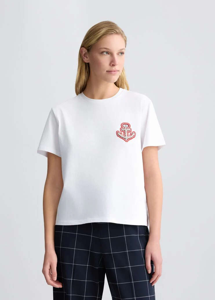 Cotton T-shirt with embroidery and rhinestones