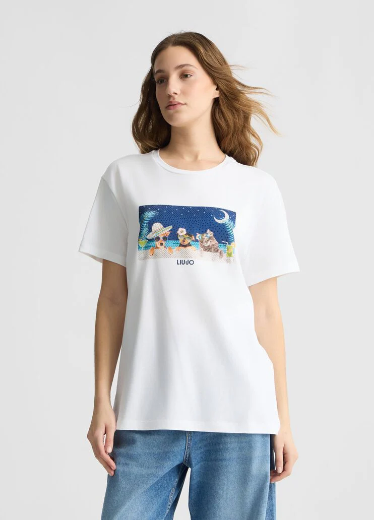 Printed T-shirt with rhinestones