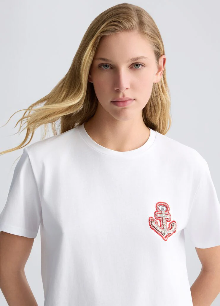 Cotton T-shirt with embroidery and rhinestones