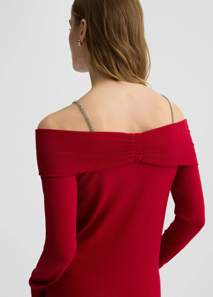 Off-the-shoulder jumper with bejewelled gemstones