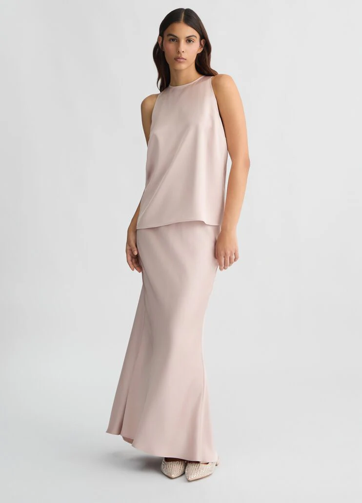 Long pink satin skirt