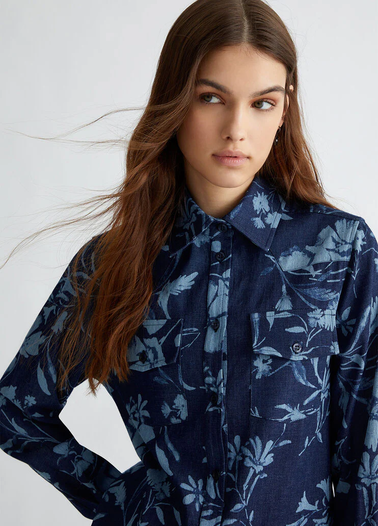 Denim shirt with floral print