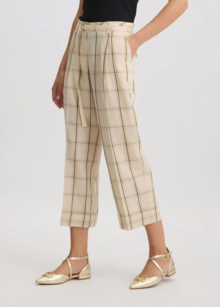 Linen-blend check trousers