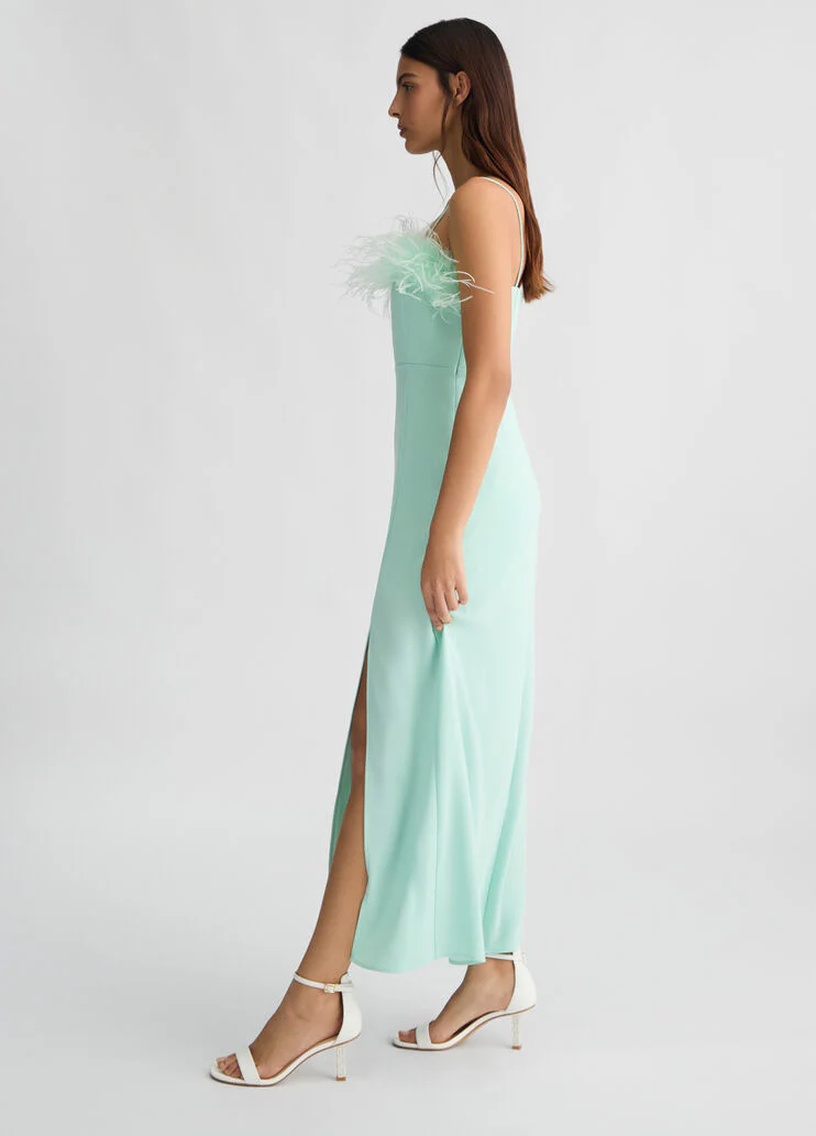 Elegant aqua green dress with feathers