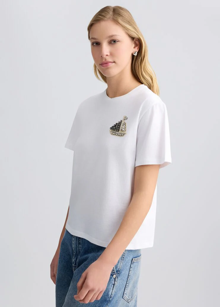 Cotton T-shirt with embroidery and rhinestones