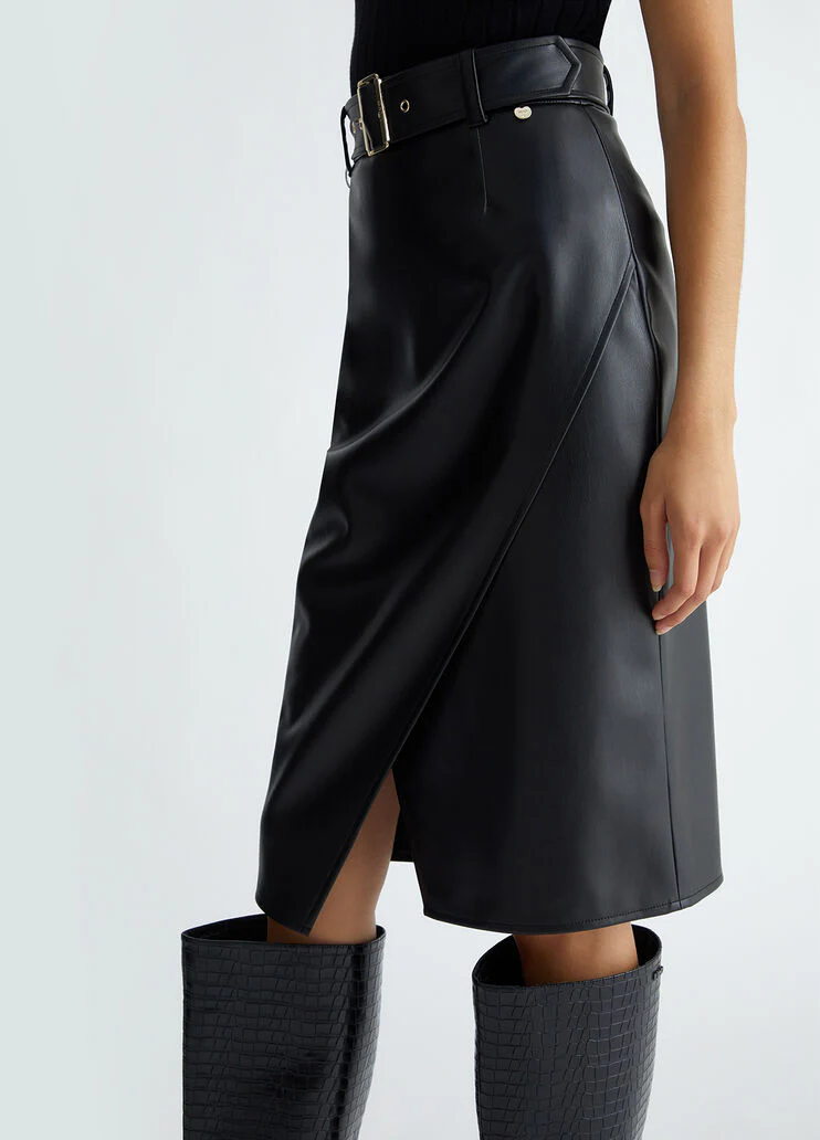 Black coated fabric midi skirt