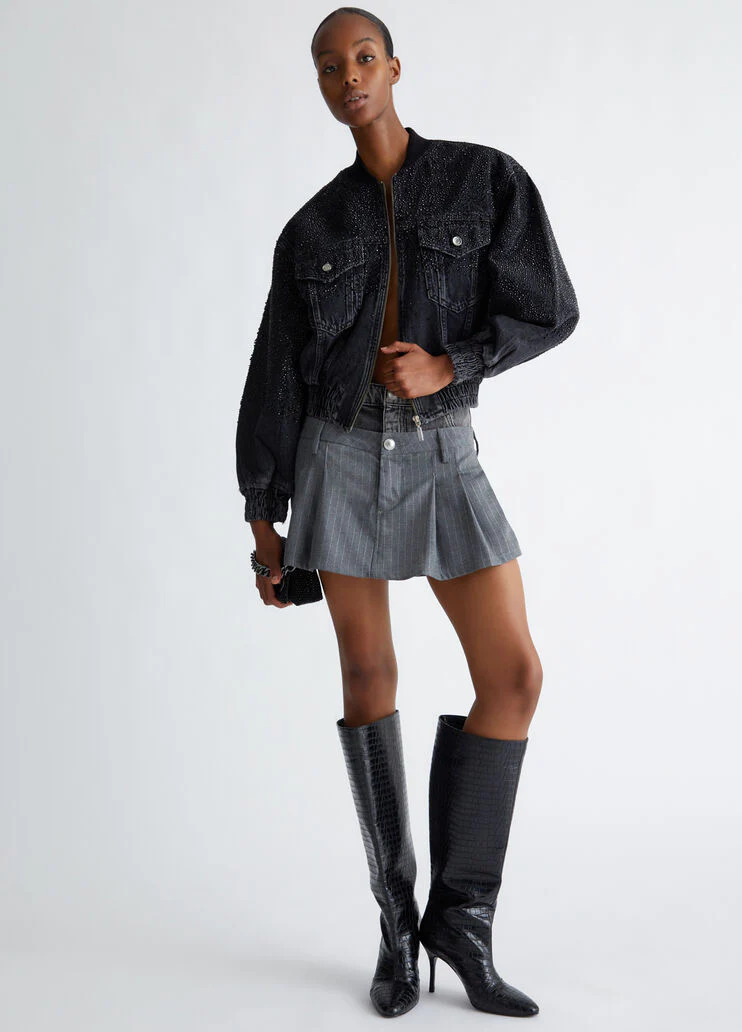 Denim bomber jacket with rhinestones