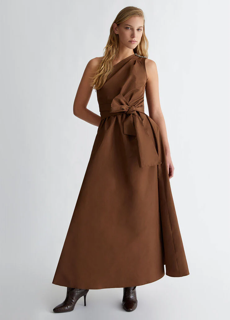 Brown one-shoulder taffeta dress
