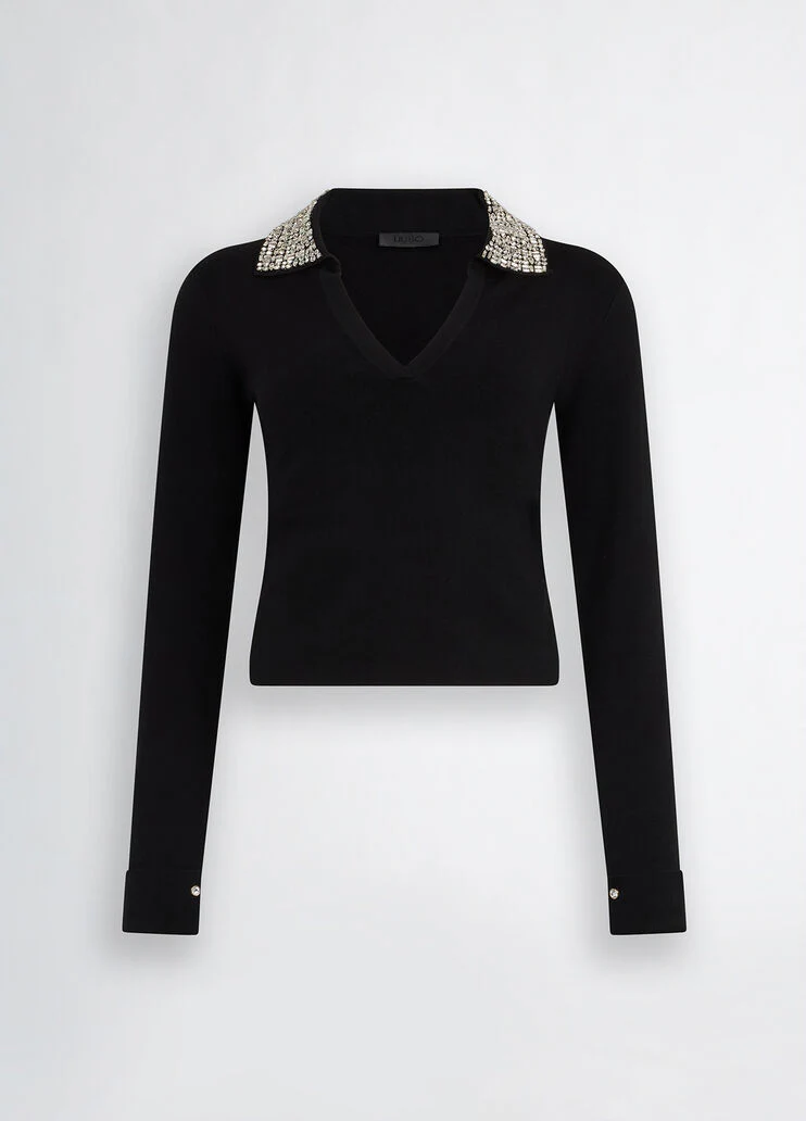 Black polo shirt with bejewelled embellishment