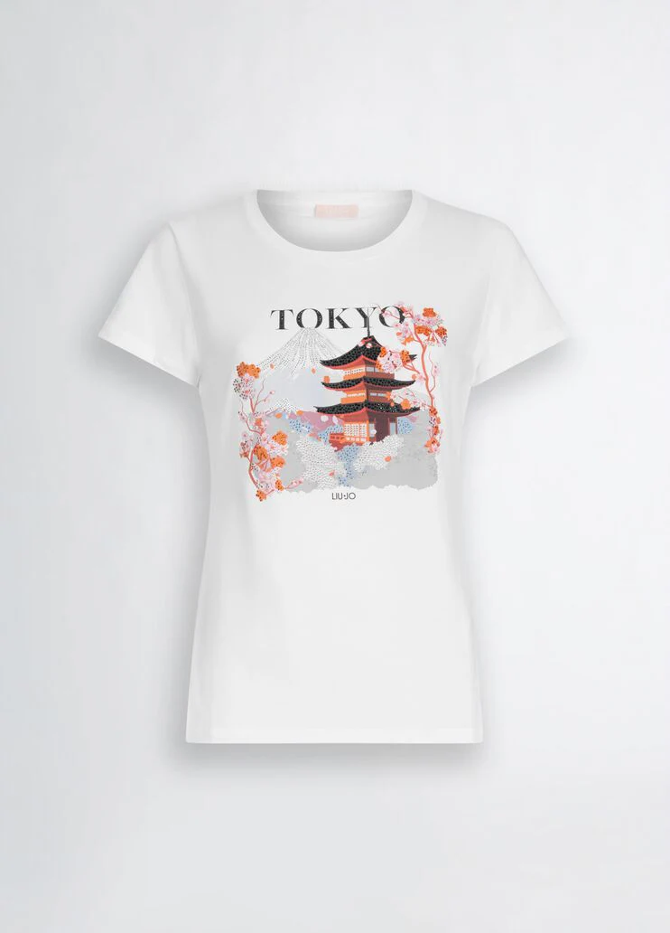 Cotton T-shirt with print and rhinestones