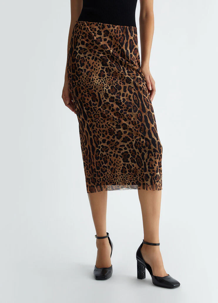 Animal-print tulle midi skirt