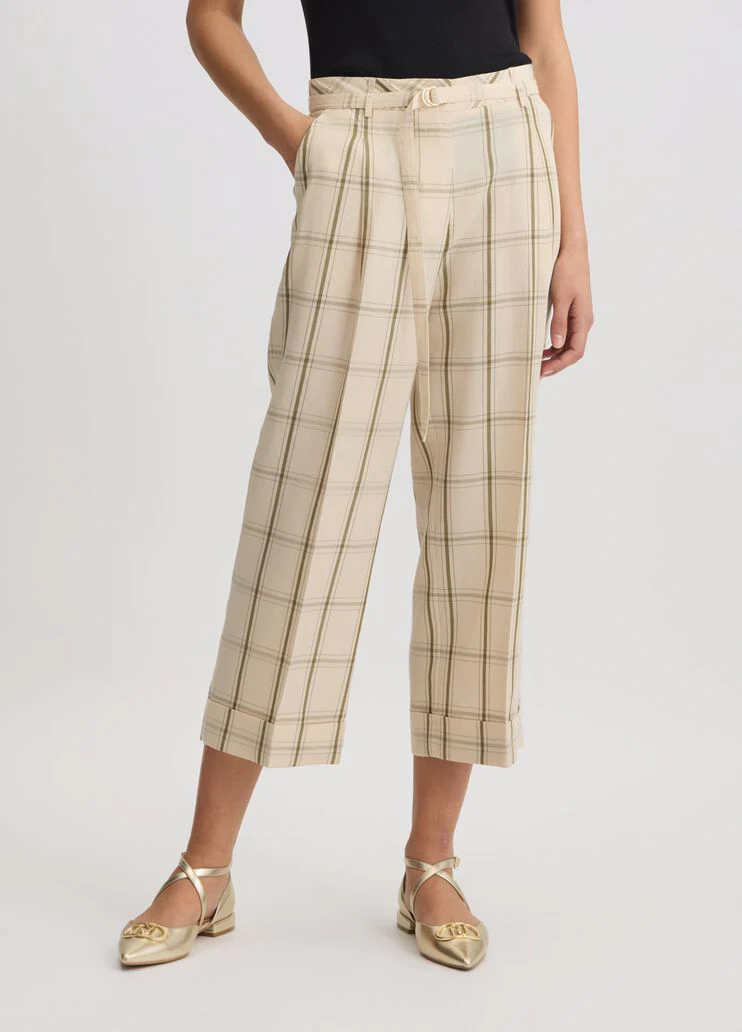 Linen-blend check trousers