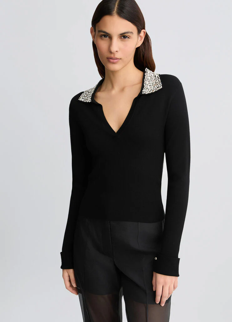 Black polo shirt with bejewelled embellishment