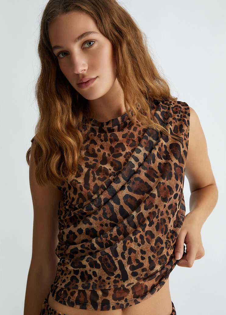 Animal-print tulle crop top