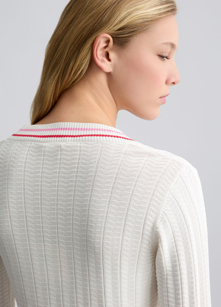 White jumper with colourful stripes