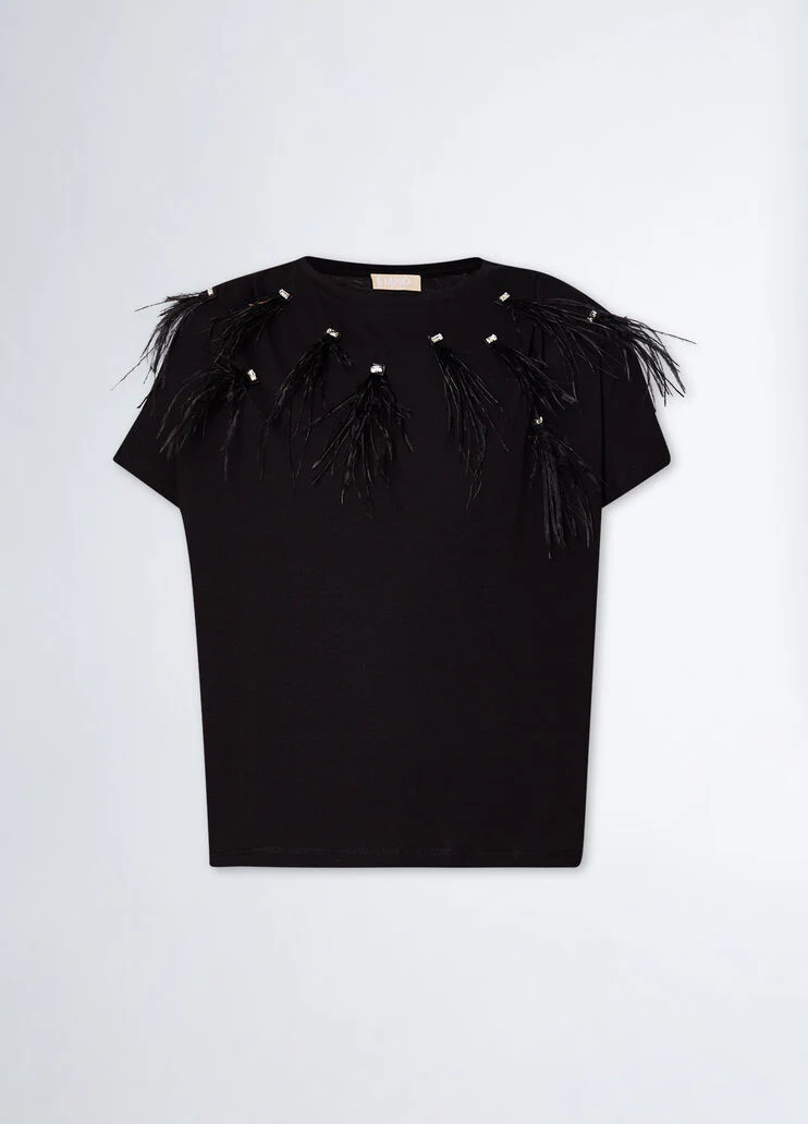 T-shirt with bejewelled feather detailing