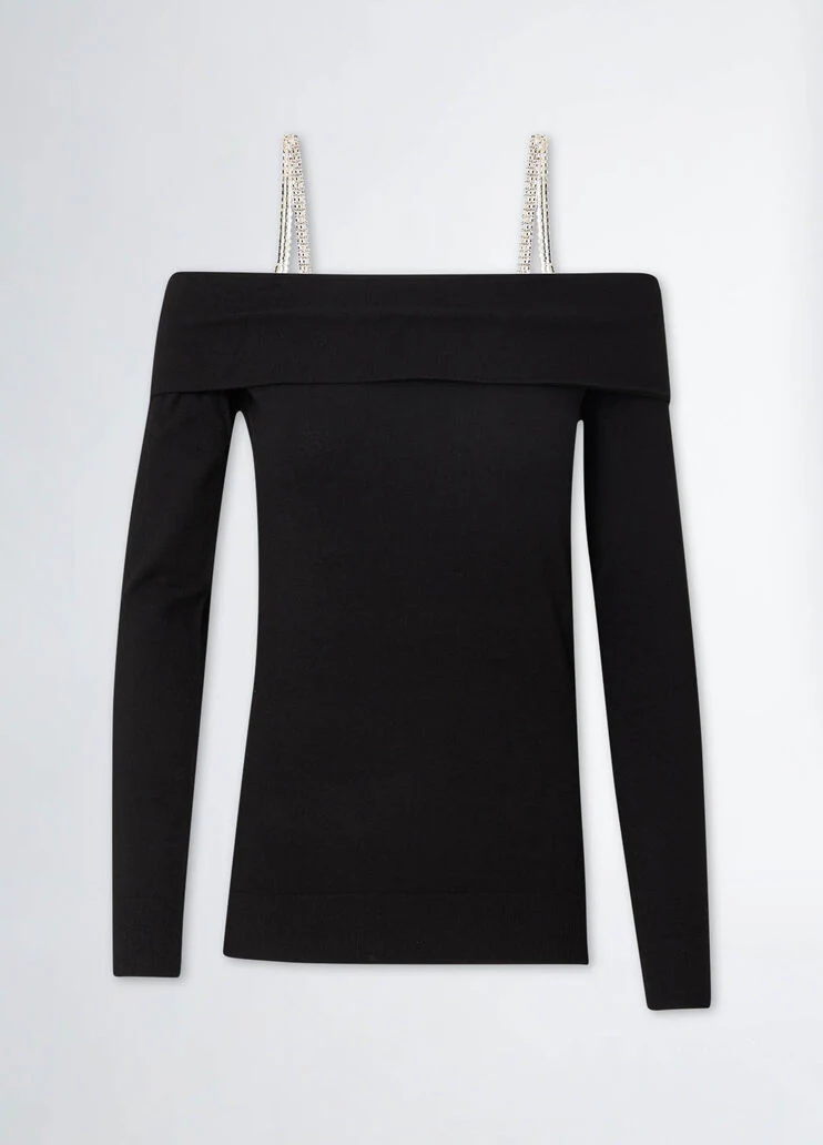 Off-the-shoulder jumper with bejewelled gemstones