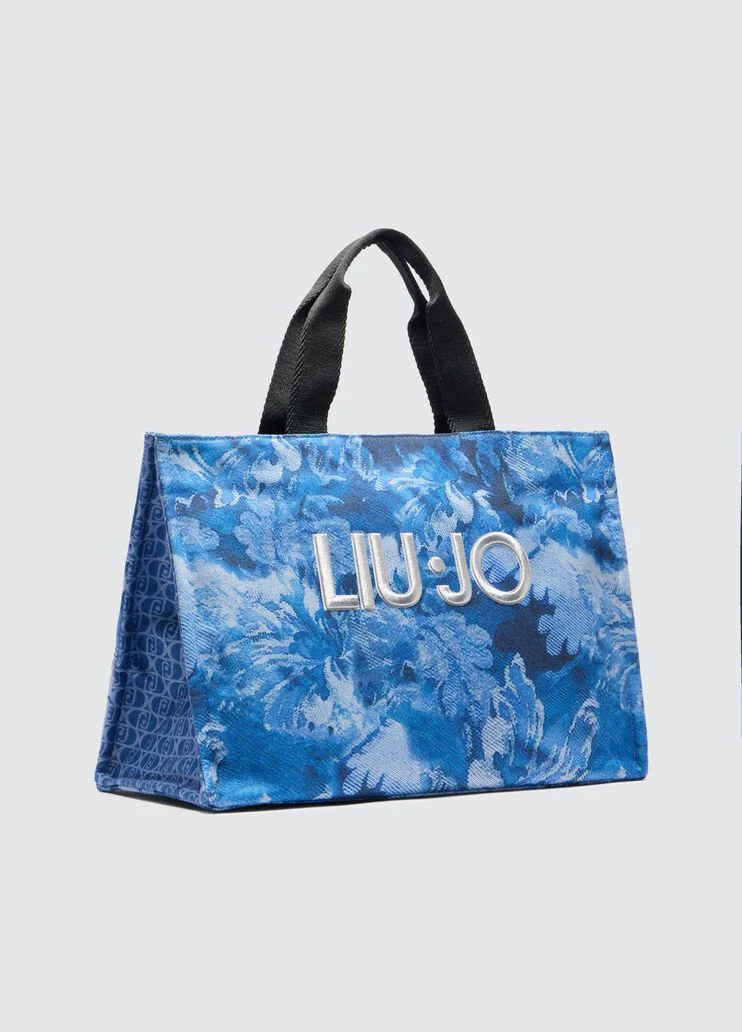 Printed blue denim tote bag