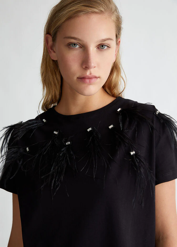 T-shirt with bejewelled feather detailing