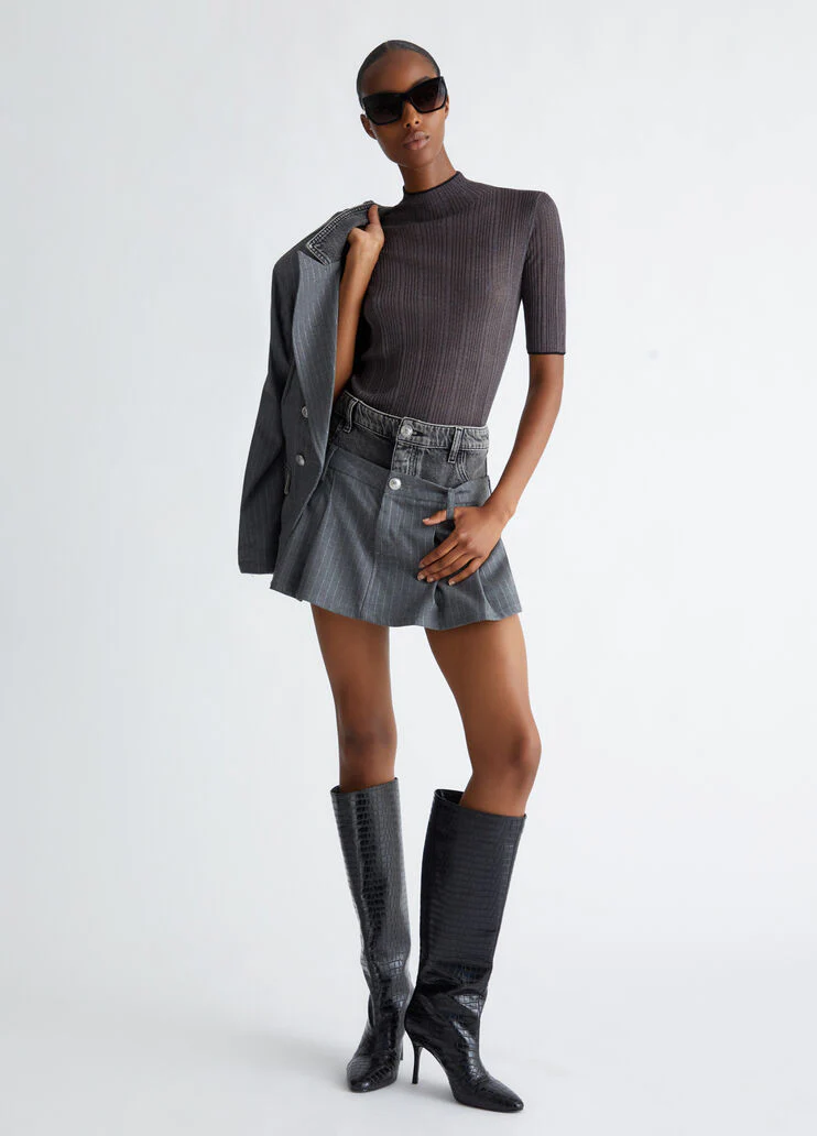 Pinstripe twill and denim miniskirt