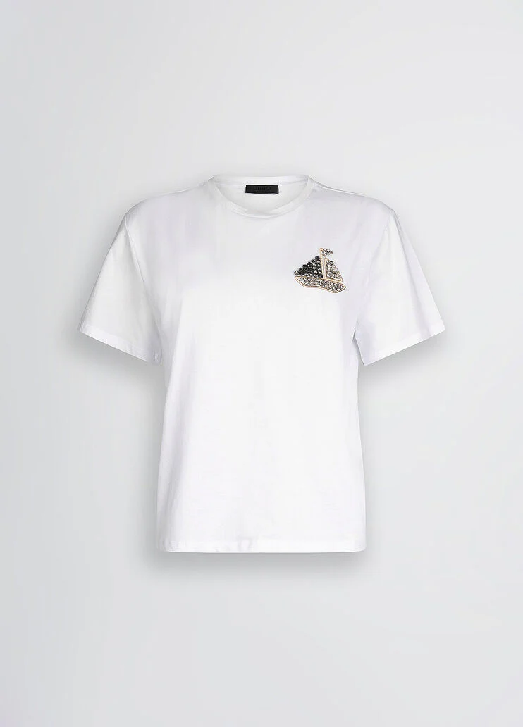 Cotton T-shirt with embroidery and rhinestones