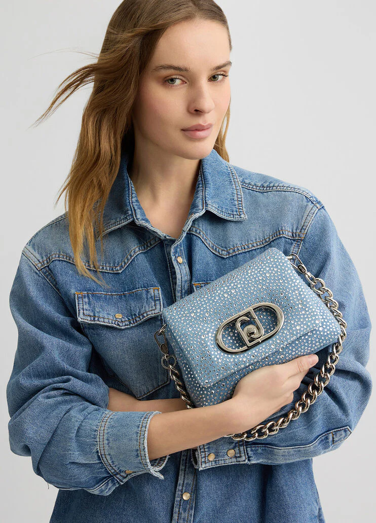 Small denim LaPuffy bag with rhinestones